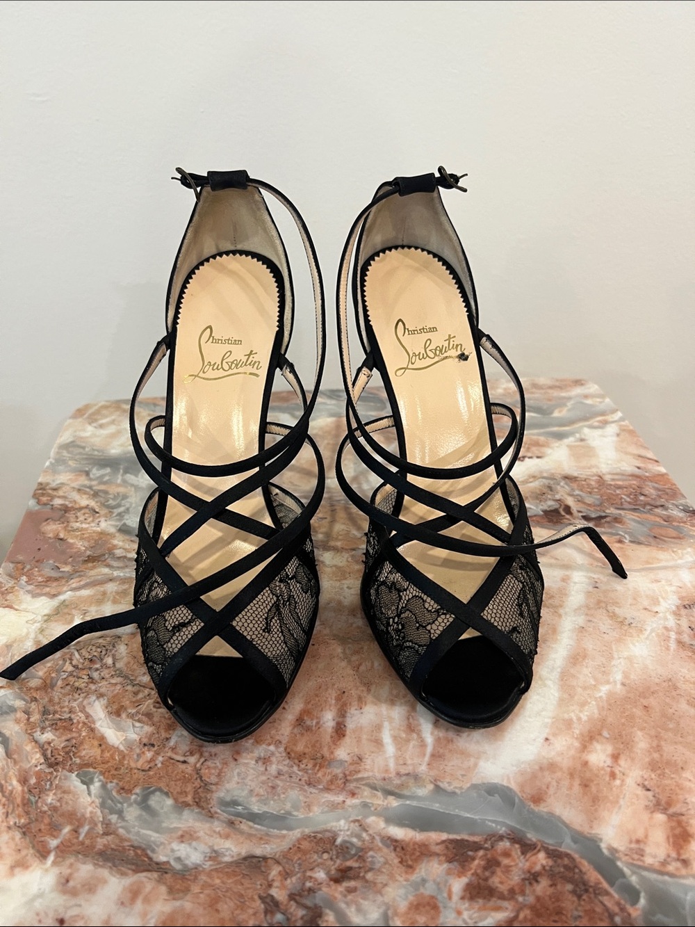 Christian Louboutin Black Lace Strappy Stiletto Sandals